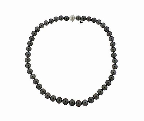 Mikimoto 18K Gold Diamond Black Pearl Necklace