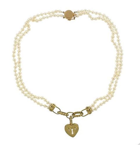 14k Gold Diamond Pearl Heart Pendant Necklace