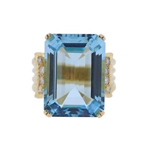 14k Gold 17ct Blue Topaz Diamond Ring