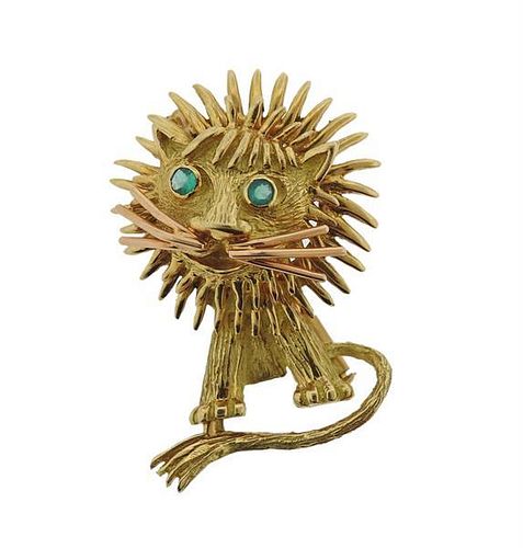 18k Gold Gemstone Lion Brooch Pin