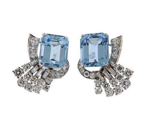 Mid Century Platinum Diamond Aquamarine Earrings