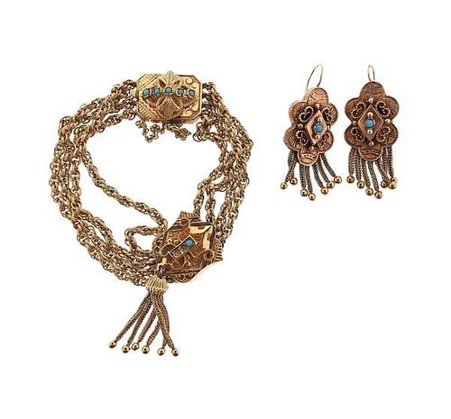 14K Gold Gemstone Tassel Earrings Bracelet Set
