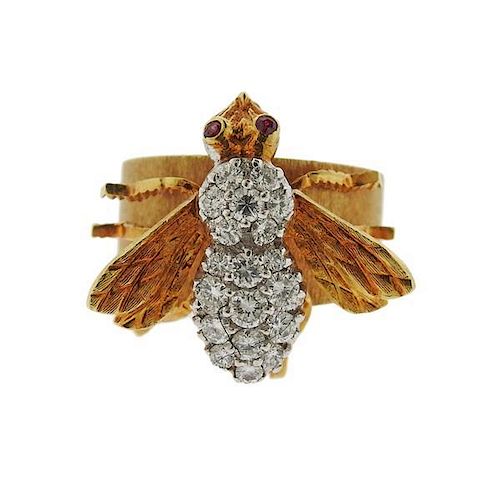 Rosenthal 18K Gold Diamond Gemstone Insect Ring Brooch