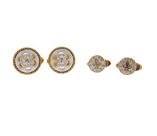 Antique 18k Gold Enamel Diamond Button Stud Set