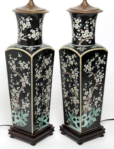 Chinese Famille Noir Square Vase Lamps, Pair