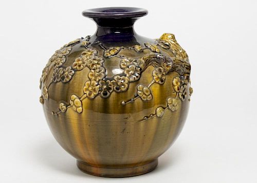 Japanese Art Pottery Glazed Cherry Blossom Vase