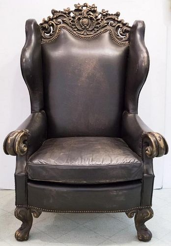 Continental Leather & Wood Wing Chair