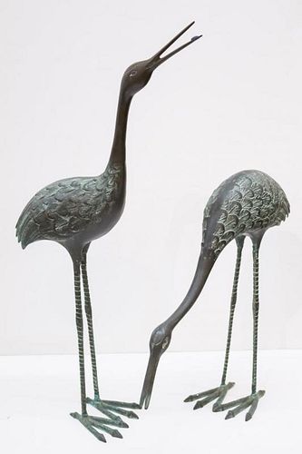 Asian Bronzed Metal Crane Sculptures, 2