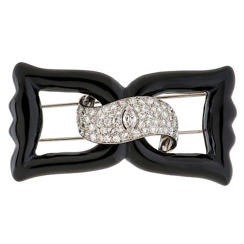 Diamond and Onyx Bow Brooch in 14 Karat White Gold and Platinum Ca. 1930's