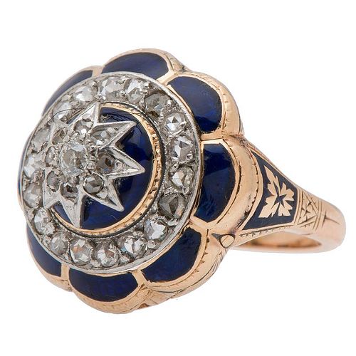Victorian Diamond and Enamel Ring in 14 Karat Rose Gold and Platinum