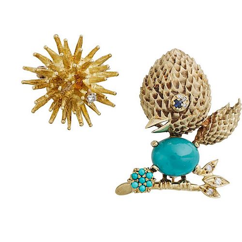 DIAMOND OR TURQUOISE YELLOW GOLD BROOCHES