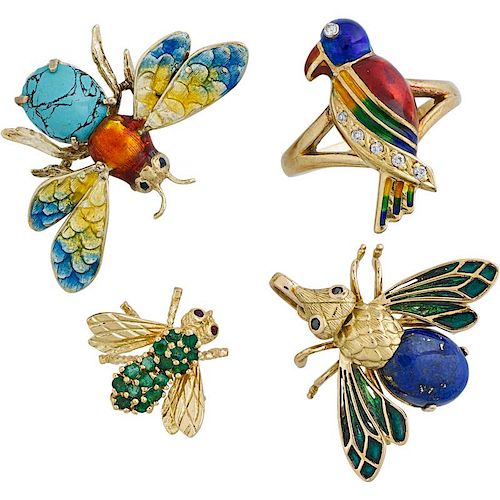 GEM SET YELLOW GOLD INSECT OR BIRD JEWELRY
