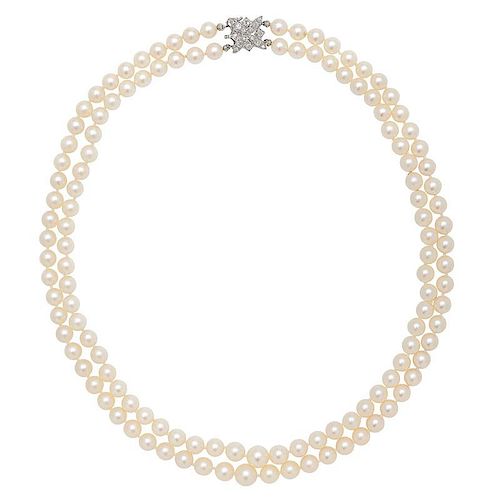 Double Pearl Strand Necklace with Mine Cut Diamond Clasp in 14 Karat White Gold