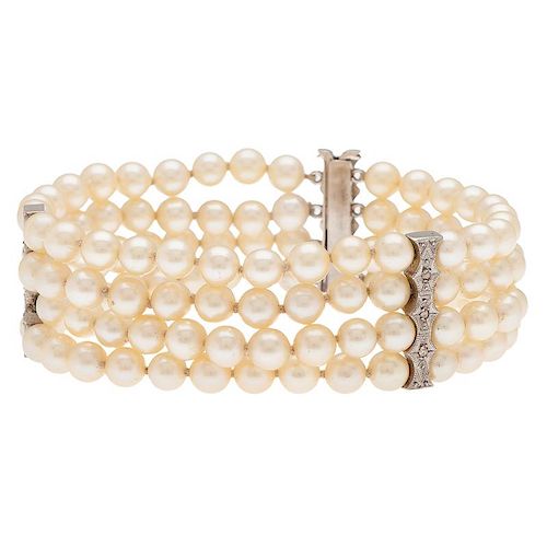 Cultured Pearl and Diamond Multi Strand Bracelet in 14 Karat White Gold