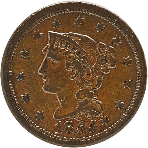 U.S. 1855 BRAIDED HAIR 1C COIN