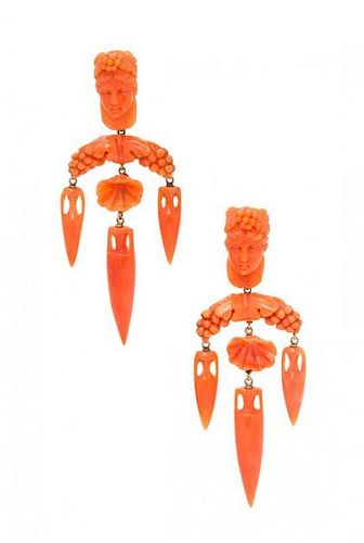 A Pair of Victorian Carved Cameo Coral Drop Earrings, 6.30 dwts.