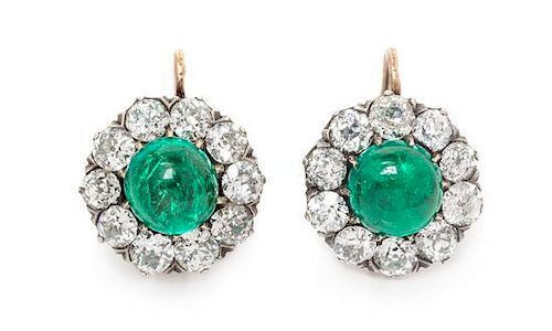 A Pair of Victorian Silver Topped Gold, Emerald, and Diamond Earrings, Austro-Hungarian, 5.30 dwts.