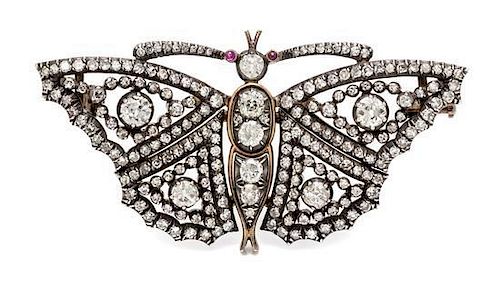A Victorian Silver Topped Gold, Diamond and Ruby Butterfly Brooch, 15.20 dwts.