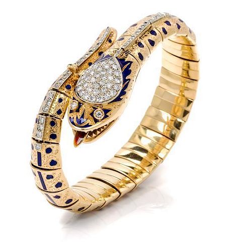 * An 18 Karat Yellow Gold, Diamond and Polychrome Enamel Serpent Bracelet, Italian, 41.30 dwts.
