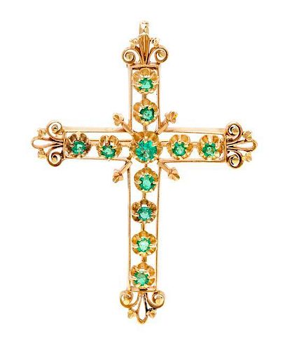 A Yellow Gold and Emerald Cross Pendant/Brooch, 8.30 dwts.