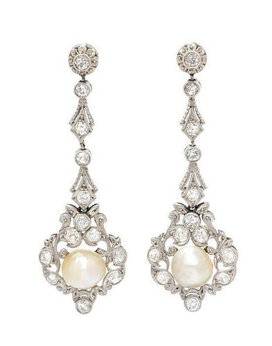 A Pair of Edwardian Platinum, Pearl and Diamond Drop Earrings, 6.80 dwts.