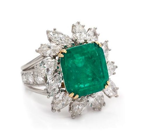 A Platinum, Yellow Gold, Emerald and Diamond Ring, 9.80 dwts