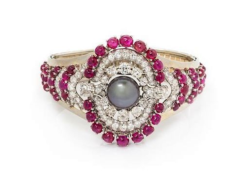 A White Gold, Cultured Tahitian Pearl, Diamond and Ruby Dress Clip/Bracelet Set, 45.30 dwts.