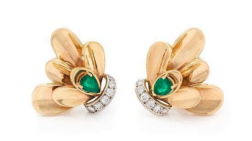 * A Pair of 14 Karat Bicolor Gold, Emerald and Diamond Earclips, 10.70 dwts.