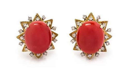 A Pair of 18 Karat Gold, Coral and Diamond Earclips, 9.90 dwts.