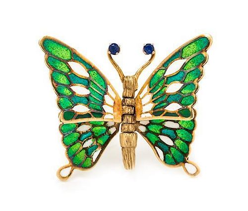 * A 14 Karat Yellow Gold, Plique-a-Jour Enamel and Sapphire Articulated Butterfly Brooch, 5.60 dwts.
