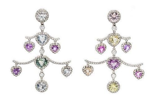 A Pair of Platinum, Diamond, and Multicolored Sapphire Chandelier Earclips, Fred Leighton, 16.80 dwts.