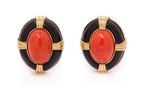 A Pair of Yellow Gold, Coral and Onyx Earclips, 15.40 dwts.
