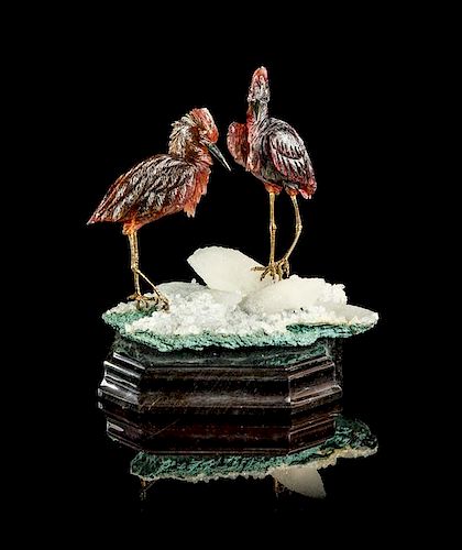 A Tourmaline Carving "Two Herons," Manfred Wild,, Idar-Oberstein, Germany,, the graceful birds finely carved from translucent po