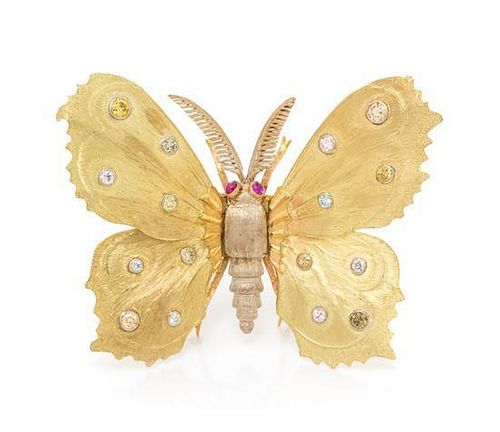 An 18 Karat Bicolor Gold, Colored Diamond, Diamond and Ruby Butterfly Clip-Brooch, Mario Buccellati, 17.60 dwts.