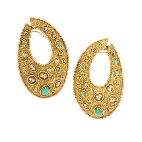 A Pair of 18 Karat Yellow Gold, Diamond and Chrysoprase Hoop Earclips, French, Circa 1970's, 34.70 dwts.
