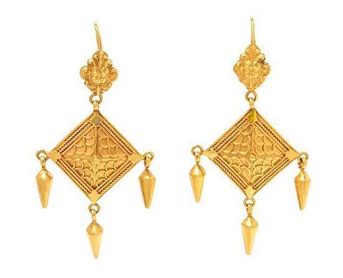 A Pair of High Karat Gold Pendant Earrings, 6.20 dwts.