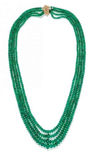 A Graduated Emerald Bead Multistrand Necklace, 38.10 dwts.