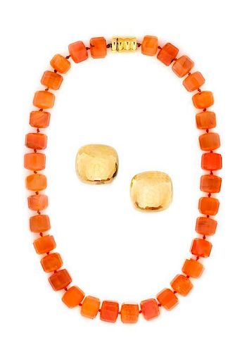 * A Collection of Yellow Gold and Orange Agate Jewelry,