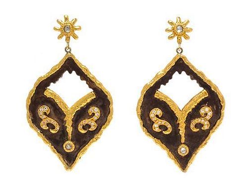 A Pair of 24 Karat Yellow Gold, Sterling Silver, and Diamond Ear Pendants, Victor Velyan, 15.60 dwts.