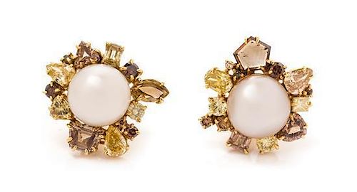 A Pair of 18 Karat Yellow Gold, Cultured South Sea Pearl and Colored Diamond Earclips, Kimberly McDonald for Rockras, 11.70 d