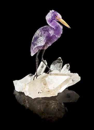 An Amethyst Heron Carving on a Rock Crystal Base,, , carved from a fine single crystal of amethyst exhibiting subtle color zonin