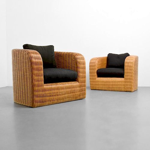 Pair of Karl Springer Custom Wicker Pullman Chairs