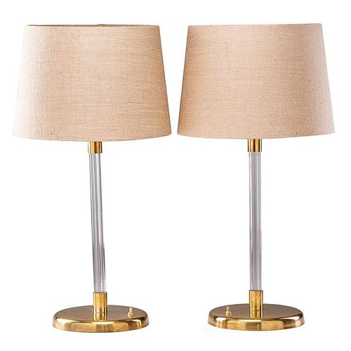 PAIR OF LUCITE AND BRASS LAMPS