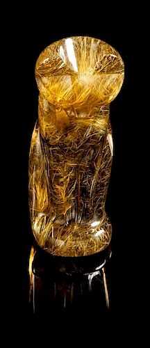 A Smokey Rutilated Quartz Carving of a Cat, Gerd Dreher,, Idar-Oberstein, Germany,, in a charming stylized design, depicting a s