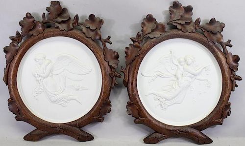 2 Cast Marble Allegorical Plaques in Carved Frames