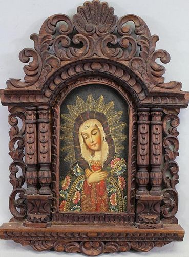 Spanish Colonial Madonna Retablo in Ornate Frame