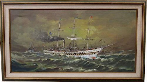 M... Botts, Signed 20th C. Ship in Rough Seas