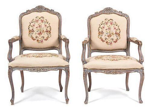 A Pair of Louis XV Style Fauteuils Height 40 1/2 x width 25 x depth 22 inches.