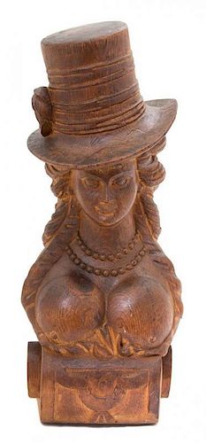 A Portuguese Carved Wood Bust of Woman in Top Hat Height 18 inches.