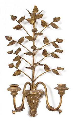 A Louis XV Style Gilt Metal Two-Light Wall Sconce Height 17 inches.